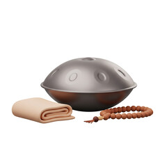 3d Illustration Handpan drum with mala beads and folded cloth