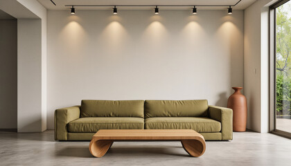 Modern interior design architecture photography: A modern living room features a green sofa, a wooden coffee table, and track lighting illuminating a neutral-toned wall with a large, empty space sui