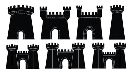 Fototapeta premium This set of nine silhouettes showcases various medieval castle designs, including towers and gateways