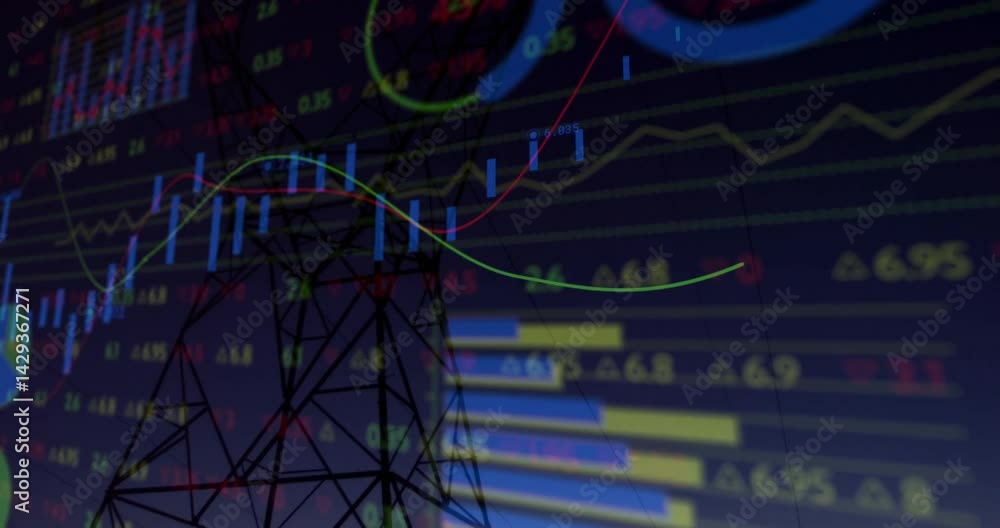 Poster electricity tower silhouette floating over dark grid, showing candlesticks and color line graphs