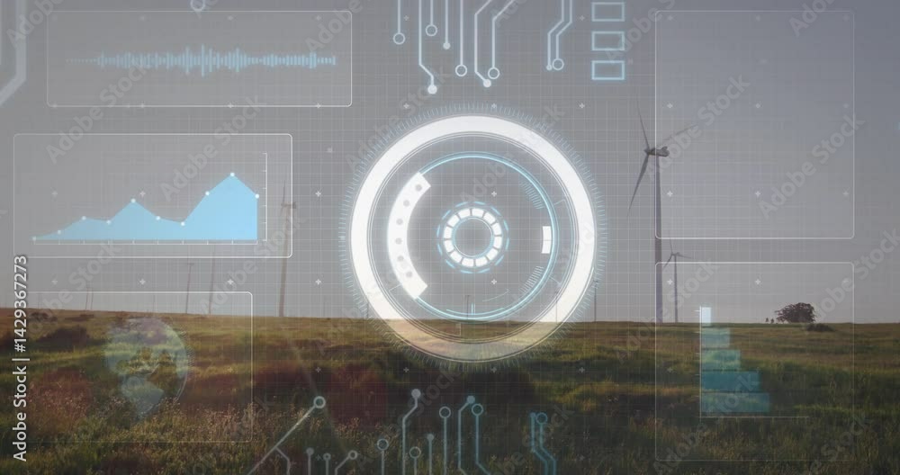 Poster wind farm scene displaying translucent hud with circular interface, line graphs, waveform panels