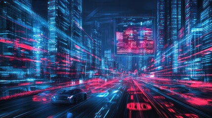 Futuristic city street, car driving, data streams, night scene, tech innovation