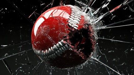 Dynamic Capture of a Softball Shattering a Glass Window in Striking Red and Black Colors