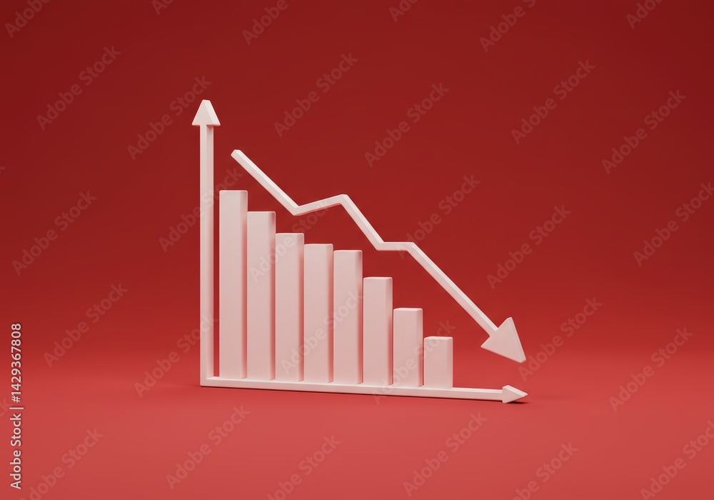 Poster white bar graph showing decreasing trend with downward arrow. business chart with falling line. fina