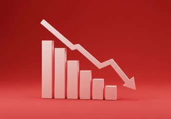Bar chart with a pink declining arrow representing a decrease. A visual representation of financial loss or a downturn trend. Digital data graph for business analysis concept.