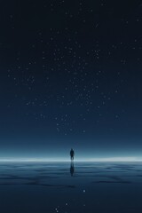 Fototapeta premium Dark sky with stars and single figure standing in front of ocean, looking towards camera