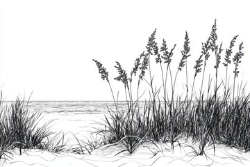 Obraz premium Minimalist Line Art of Sea Oats Against a Serene Beach Backdrop