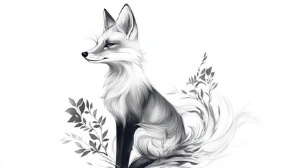 Obraz premium Tattoo design, a fox with ethereal details, on a white background, in shades of dark gray and light black. Romantic illustrations with a forestpunk aesthetic, featuring cute, cartoonish designs.