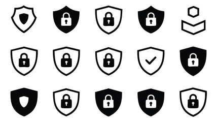 A collection of black and white security shield icons, illustrating various security states