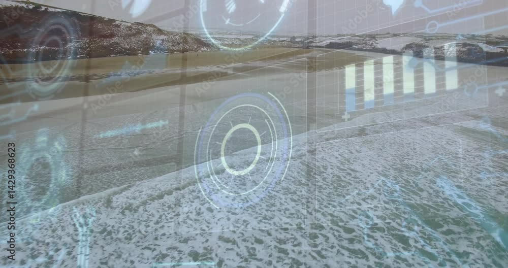 Poster central circular hud target rotating over sandy beach under overcast sky, displaying data overlays