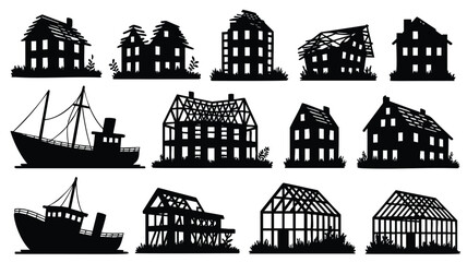 Naklejka premium This image set features black silhouettes of various abandoned structures, including houses in different stages of decay (some with roofs, some with just frames), and a ship