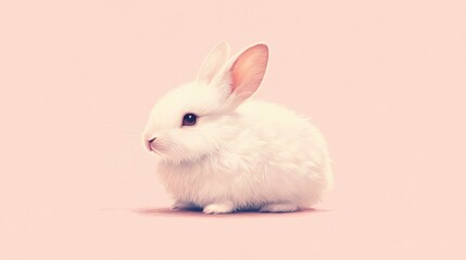 Obraz premium Small white bunny with a playful expression, isolated on a pale pink background