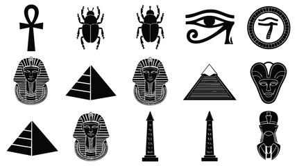 A set of black and white silhouette illustrations representing various iconic Egyptian symbols