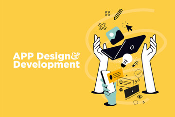 Creative illustration of app design and development. Vector concept for web banner, social media banner, business presentation, marketing material. 