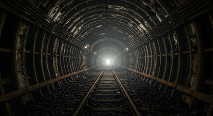 Dark Rusty Railroad Tunnel with Tracks and Perspective View Underground