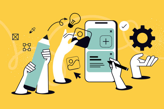 Creative illustration of mobile app development. Vector concept for web banner, social media banner, business presentation, marketing material. 