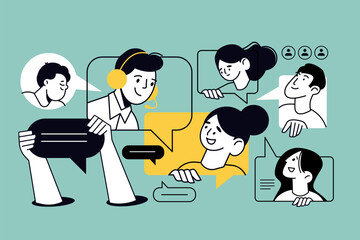 Creative illustration of support, online communication, conference call, call center. Vector concept for web banner, social media banner, business presentation, marketing material. 