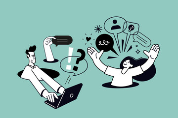 Creative illustration of online communication, social network. Vector concept for web banner, social media banner, business presentation, marketing material. 