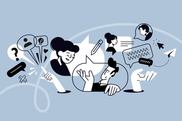 Creative illustration of exchange of creative ideas, information and opinions, communication. Vector concept for web banner, social media banner, business presentation, marketing material. 