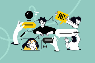 Creative illustration of online communication, testimonial, forum, chatting. Vector concept for web banner, social media banner, business presentation, marketing material. 