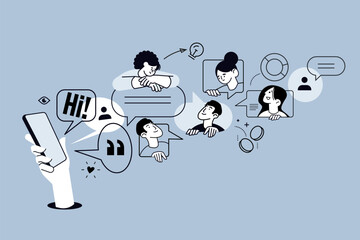 Creative illustration of community, social media, communication, chatting. Vector concept for web banner, social media banner, business presentation, marketing material. 