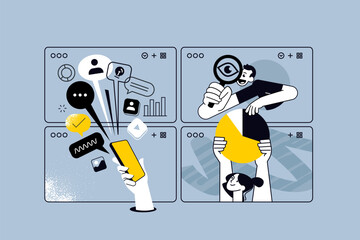 Creative illustrations of social network, mobile apps and services, searching and data analytics. Vector concepts for web banner, social media banner, business presentation, marketing material. 