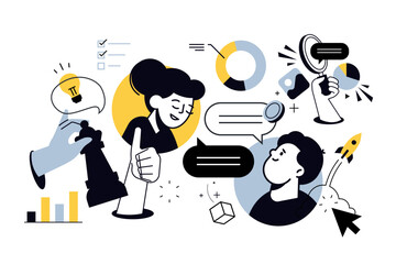 Creative illustration of startup, project development, strategy, planning, workflow. Vector concept for web banner, social media banner, business presentation, marketing material. 