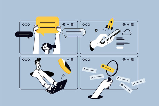 Creative illustrations of startup, project development, communication, serch and browsing, data analytics, market research. Vector concepts for web banner, social media banner, business and marketing.