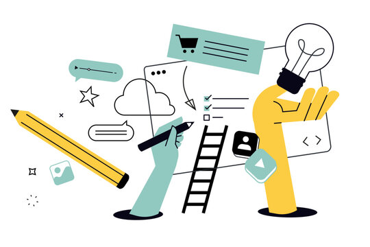 Creative illustration of internet services, ecommerce, cloud computing, social media, web development. Vector concept for web banner, social media banner, business presentation, marketing material. 