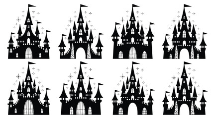 Obraz premium A seamless pattern featuring six stylized castle silhouettes