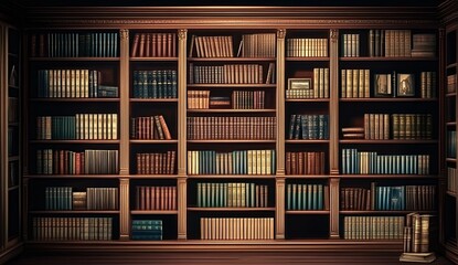 A grand wooden bookshelf filled with vintage books in brown, blue, and green hues, interspersed with framed pictures