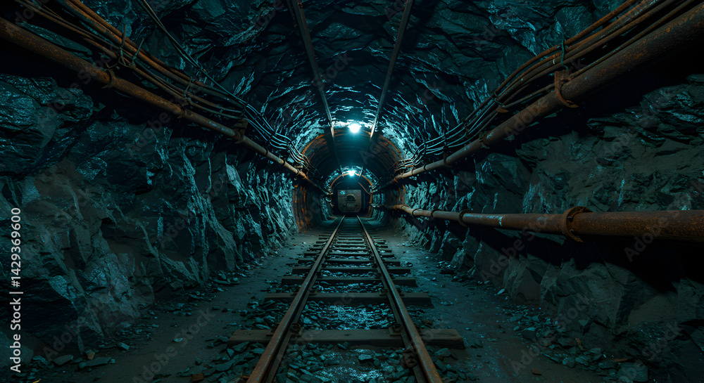 Poster dark underground mine tunnel with rusty rails and dim lighting in a stone rock environment