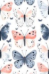 Watercolor Seamless Pattern Pink Blue Butterflies