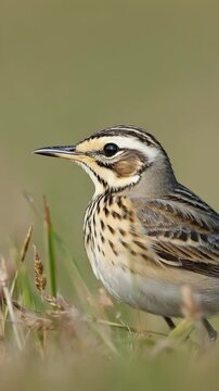 Meadow pipit rests in the grass, showing its streaked breast and head in its natural habitat