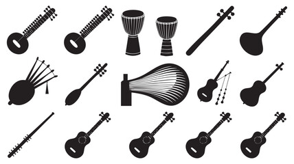 This image displays a variety of musical instruments in silhouette form against a plain white background