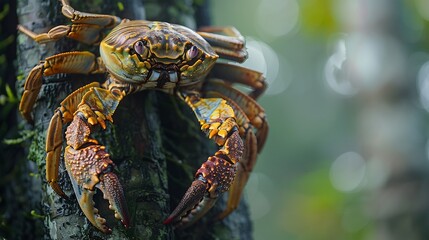 Colossal coconut crab climbing a tree its powerful pincers gripping the bark tightly ultra HD wildlife shot
