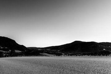 Black and white view of mountain landscape