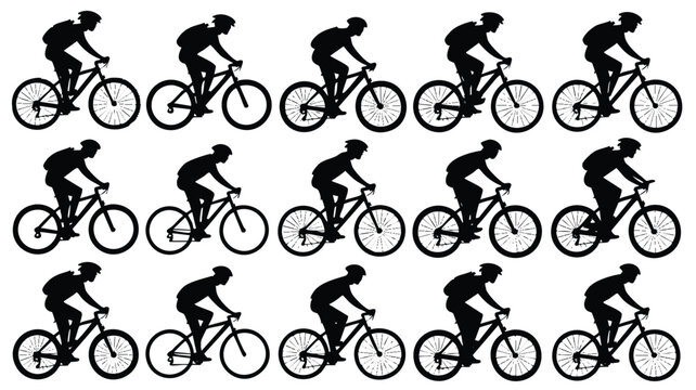 A seamless pattern of various silhouette images of people riding mountain bikes
