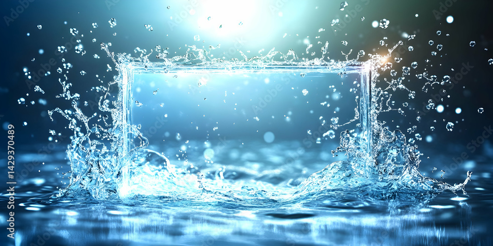 Poster dynamic water splash with rectangular frame against a luminous backdrop scene