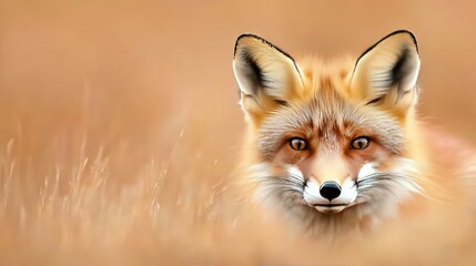 Obraz premium A close-up photo of a red fox's face surrounded by tall grass, facing the camera