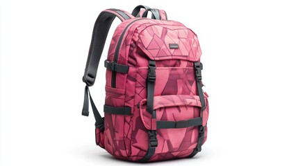 Naklejka premium Pink backpack with artistic geometric patterns, durable construction, and water-resistant finish, isolate on white background