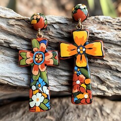 Aprillane Gorgeous Hand-Painted Terra Cotta Cross Earrings