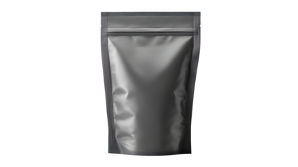 Matte grey stand-up pouch, ideal for protein powder or flour, isolated on transparent background