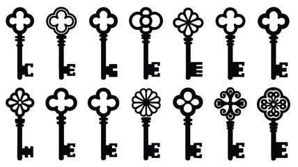 A collection of twelve black and white vintage-style key silhouettes