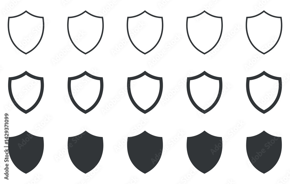 Poster collection of shield vector icons showing outlines and solid shapes for security and protection desi