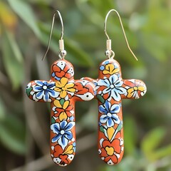 Aprillane Gorgeous Hand-Painted Terra Cotta Cross Earrings