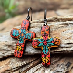 Aprillane Gorgeous Hand-Painted Terra Cotta Cross Earrings