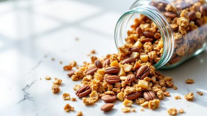 Various nuts and seeds spilling out of a glass jar onto a white surface, symbolizing a healthy keto diet option.