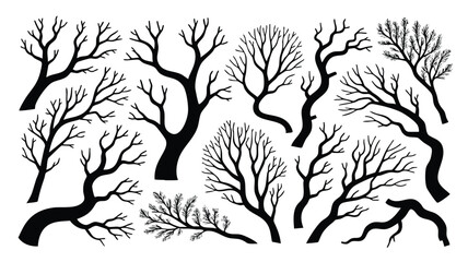 Obraz premium This graphic features a collection of various bare tree silhouettes in black and white, suitable for design projects, illustrations, or backgrounds