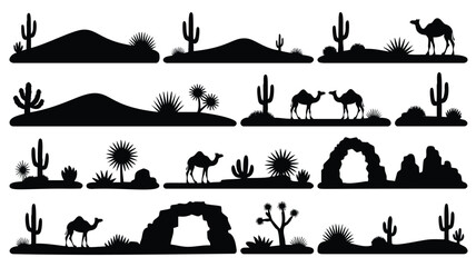 This image showcases a set of simple, black silhouette illustrations of various desert landscapes